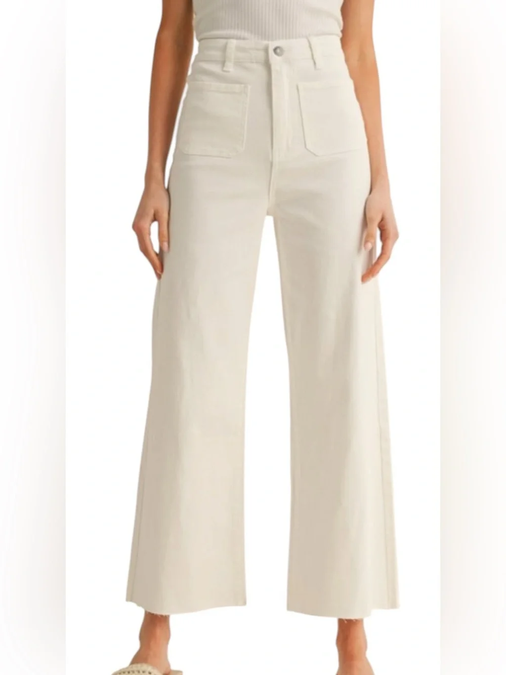 AnnieWear Stretch Wide Leg Frayed Hem  White Denim